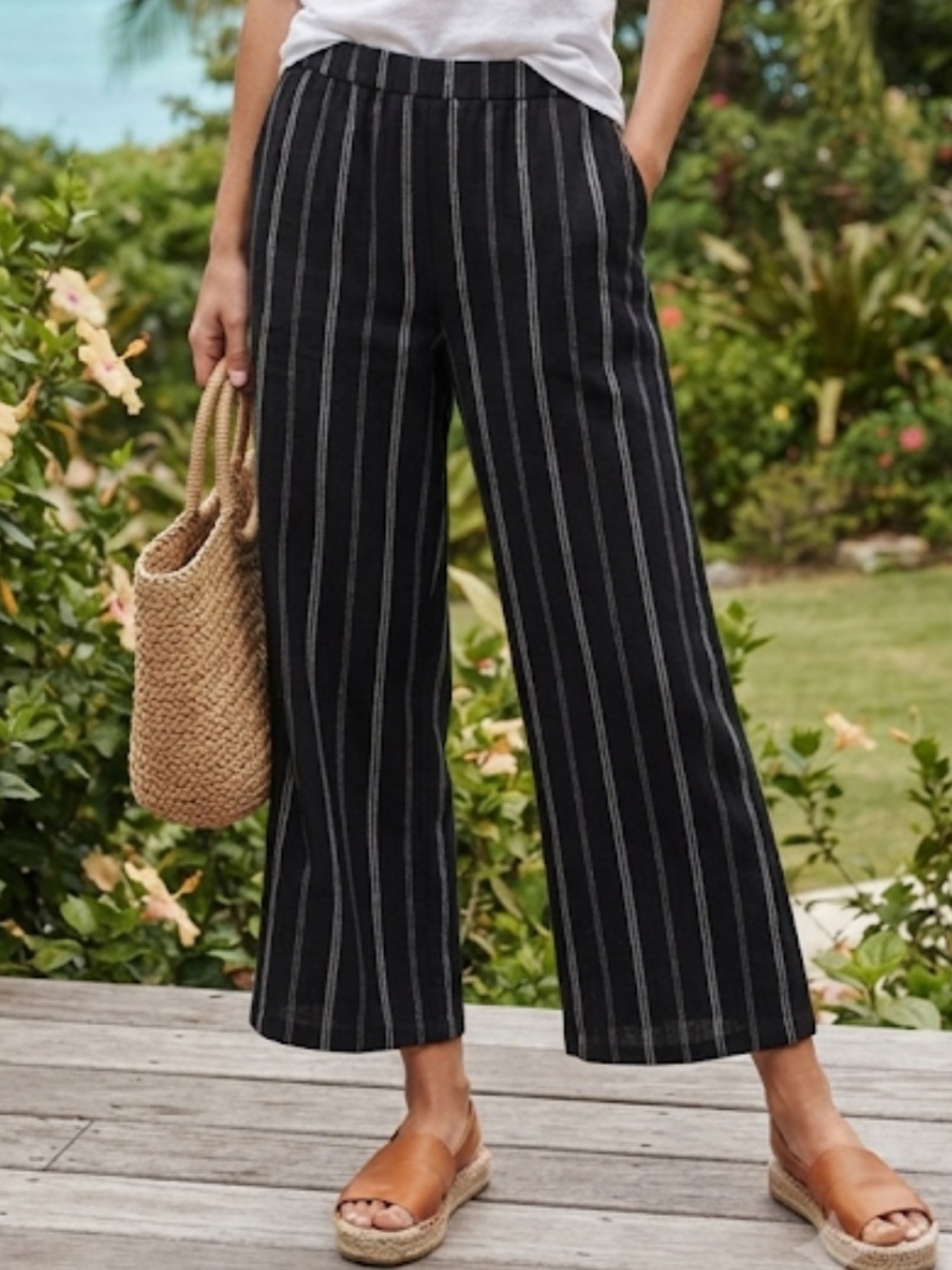 LAND N SEA Linen Blend Lounge Pants Striped Wide Leg Beachy Medium